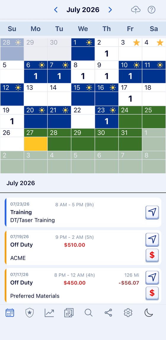 Month calendar for July 2026 with shift days, leave and an off-duty job, and the day's entries listed below