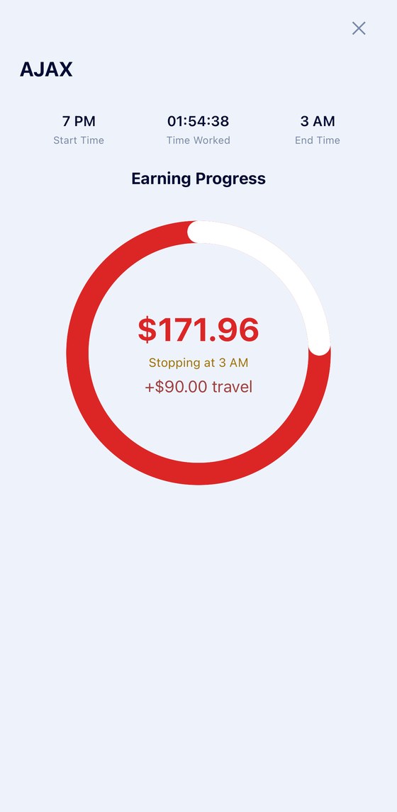 Live earning progress ring for an off-duty job, counting up while the job is worked